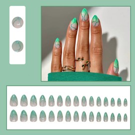 30 Pcs French Tip Green Press on Nails Short Almond - YIHONGYAN Spring Fake Nails Press ons Acrylic Glossy Full Cover False Nails with Green Wave Glitter Design Stick on Nails for Women Manicure