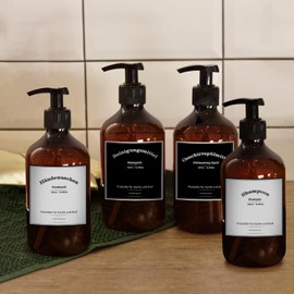 Soifenspend Plastic, Set of 4 Soap Dispensers 300 ml with Labels, Pump Bottles Set Bathroom, Shampoo Bottle (300 ml Brown)