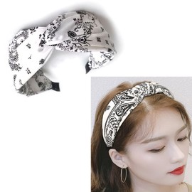 NYRWFQXG Paisley Wide Knotted Headbands for Women White Bandana Headband Boho Twisted Knot Hairbands Satin Bandana Headbands Paisley Bandana Head Band for Women Girls Top Knot Headband