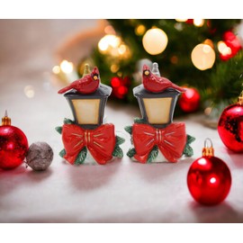 Fine Ceramic Christmas Holidays Red Cardinal on Lamp Post Salt & Pepper Shakers Set, 3-5/8" H