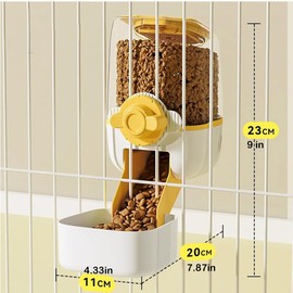 Pet Hanging Automatic Feeders Drinking Bowls 33oz, Siphon Water Feeder No Drip Water Set, Cage Pet Feeding Bowls Dispenser for Cats Dogs Puppy, Rabbit Hamsters Chinchilla Hedgehog(Yellow-white-water)