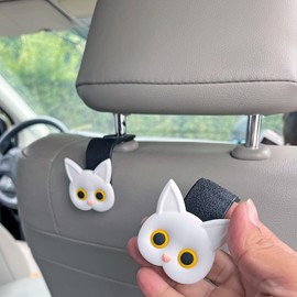 MaPctSy Cute Cat Hooks Cartoon Hanger Purse Hook Holder Car Storage Organizer Universal Car Seat Headrest Storage Hanger for Hanging Handbag Grocery Bags(White)