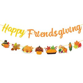 PTFNY Glittery Happy Friendsgiving Banner Thanksgiving Banner Garland with Maple Leaves Turkey Pumpkin Signs for Fall Thanksgiving Day Party Decorations Friendsgiving Home Party Supplies