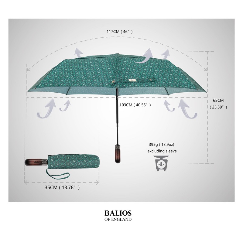 Balios Travel Folding Umbrella with Real Wood Handle Auto Open