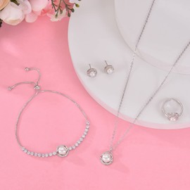 DHQH Juego de joyas de boda para novia, collar de perlas, aretes, pulsera, anillo para dama de honor, joyería de fiesta para mujeres, Cobre, circonita