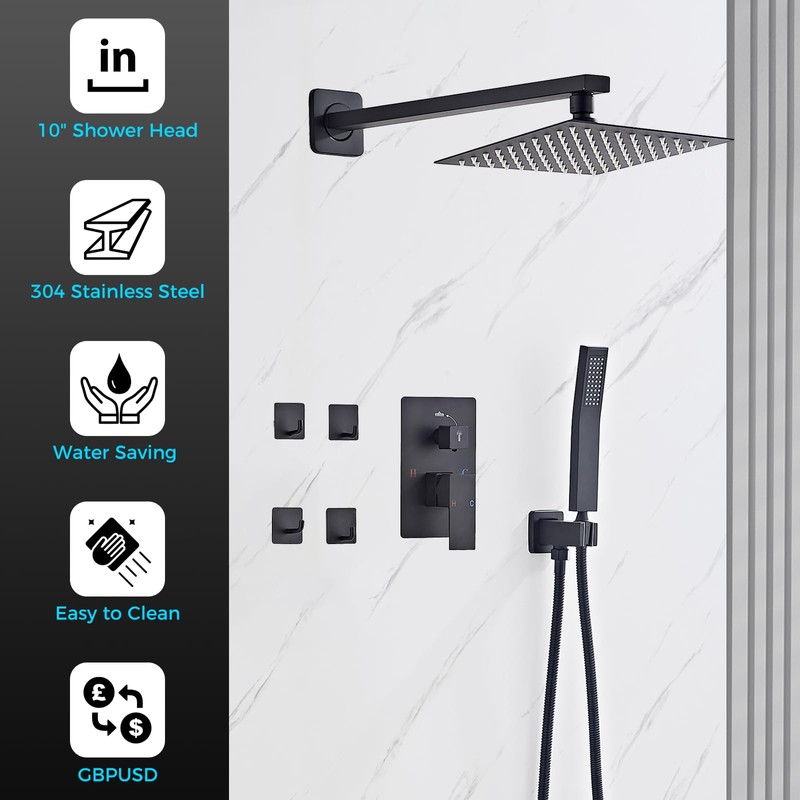 10" Matte Black Rainfall Shower Faucet Set with Rain Shower