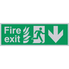 Viking Schilder sg703-l31-s "Fire Exit Running Man Arrow Down Right" Sign, Rigid Silver Plastic, 100 mm H x 300 mm W