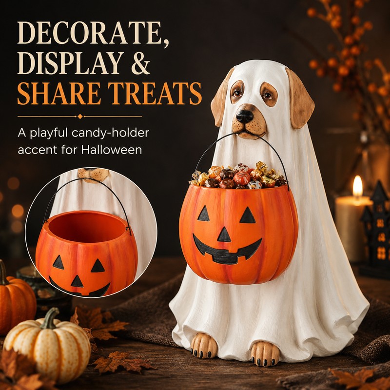 Halloween Ghost Dog Pumpkin Resin Figurine Hand-Painted Outdoor Indoor Holiday