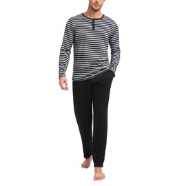 Marvmys Mens Pyjamas Men Soft Pyjamas Set Traditional 2 Piece Pjs with Long Sleeve Stripe Top and Bottoms Black