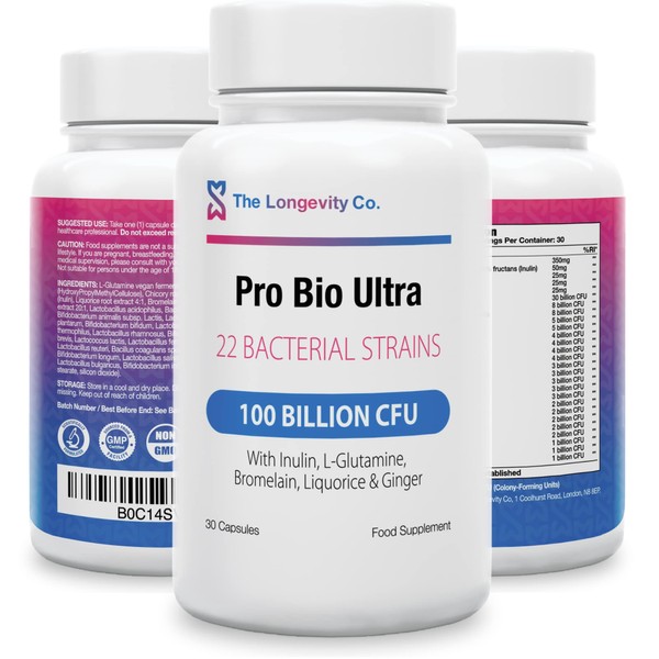 PROBIOTIC Complex - 100 Billion CFU - 22 Strains of Bio Cultures - Pre and Probiotics for Gut Health with Digestive Enzymes, Prebiotics, Liquorice and Ginger for A Happy Gut Flora
