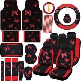 BBTO 47 Pcs Butterfly Car Seat Full Set Butterfly Car Accessories for Women 5 Front Rear Seat Covers Wrist Strap 2 Pieces Cup Mat Armrest Pad 2 Belt Cover Accessories for SUV(Red Black)