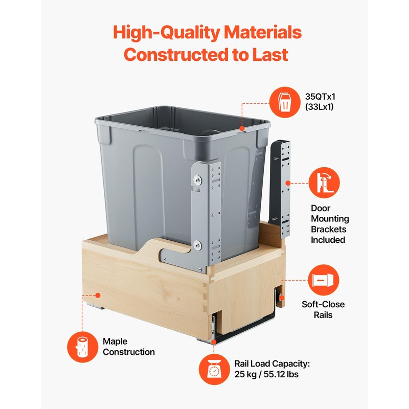 VEVOR Wood Pullout Trash Can for Kitchen Cabinets, 35 QT