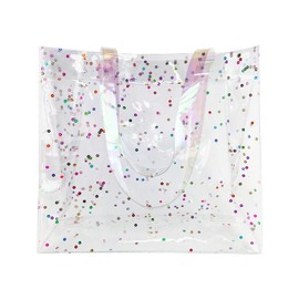 TotePrint Transparent Glitter PVC Beach Bag, 30 x 28 x 12 cm, Waterproof Cosmetic Bag, Clear with Holographic Stripes, Dots pattern