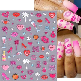 Valentines Nail Art Stickers 5D Hearts Red Lips Nail Stickers Decals Valentine's Day Rose Flower Nail Design Embossed Love Nail Stickers for Nail Art Decoration Valentines Manicure Accessories 3Pcs