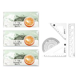 Emartbuy Pack of 3 Student Office Math Geometry Kit Set 4 pcs - 15 cm Ruler, Protractor and 2 Set Squares in Transparent Button Pouch - Orange