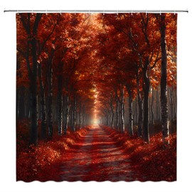 MYYJYY Fall Forest Shower Curtain Autumn Maple Leaves Sunshine Tree Nature Season Scenery,Red 70" Wx70 H Fabric Bathroom Decor Curtain with Hooks