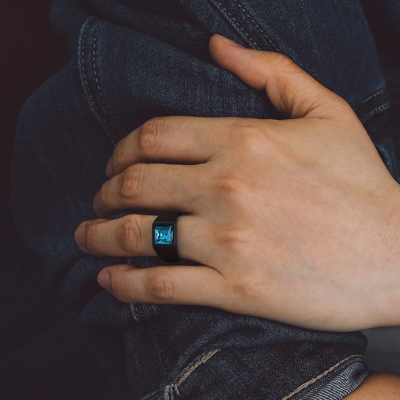 Bandmax Black Band Ring with Cubic Zirconia Square Cut Blue