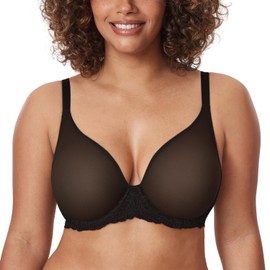 Delimira Women's Mesh Sheer Bra Full Coverage Underwire Unlined See Through Plus Size Bras Black 36DD