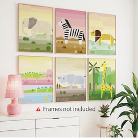 Pastel grey studio Safari Wall Decor Art Prints Set of 6 Unframed 8x10 Inch Set includes Giraffe, Lion, Crocodile, Zebra, Elephant and Rhinoceros Kids Boy Gril Wall Decor