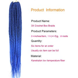 6 Packs/Lot (14/18/24/30) inch 1cm 20 Strands/Pack Thin 3X Box Braid Crochet Hair Extensionin Diameter 3X Synthetic Braid Hair Extensions Crochet Braids Hair Color (24inchs, T1B/blue)