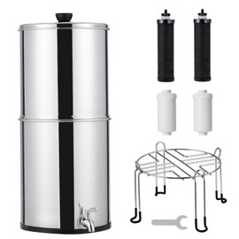 304 Stainless Steel Gravity Water Filter - 2.25 Gal Countertop System w/Dual Carbon Filters, Anti-Slip Base & Metal Spigot, Reduces Chlorine & Lead