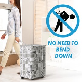 Simple Houseware Large 82L Laundry Basket with Wheels, Handles and Mesh Cover, Collapsible Fabric Hamper, Geometric Gray