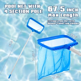 Pool Skimmer - Pool Net with Pole, 4 Section, 26.4"-66.5" Thick Adjustable Telescopic Pole & Fine Mesh Pool Skimmer Net,Larger Capacity Pool Nets for Cleaning, Durable Deep Rake Pool Net Skimmer