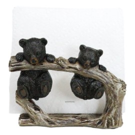 Ebros Rustic Forest 2 Black Bear Cubs Hanging On Tree Branch Napkin Holder