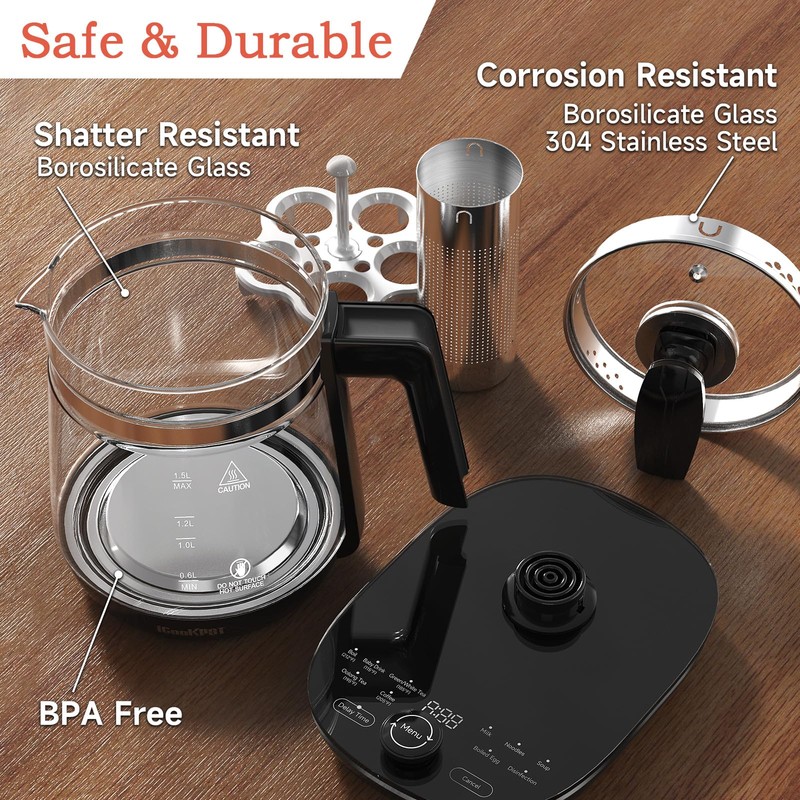 ICOOKPOT Hot Tea Maker Glass Electric Kettle with Infuser and
