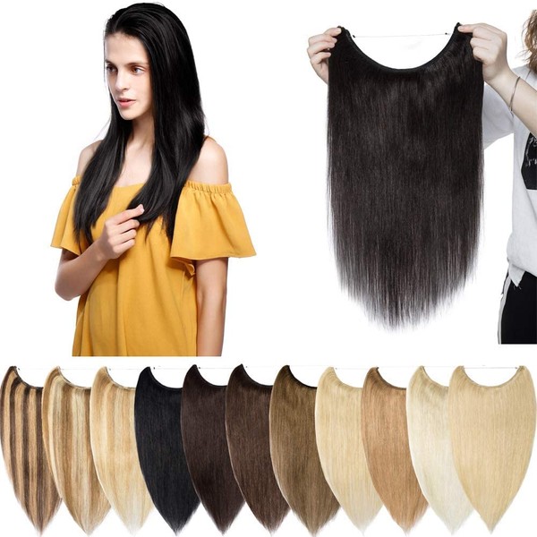 S-noilite Real Hair Extensions with Wire, 1 Weft Hair Extensions, Straight, Thin, 50 cm, 70 g, Natural Black #1b