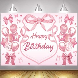 LOONELO Happy Birthday Pink Bow Backdrop, Coquette Girl Bowtie Banner 70.8" x 43.3", Pink Bow Knot Photography Background for Girls Women Bachelorette Birthday Party Decorations Supplies