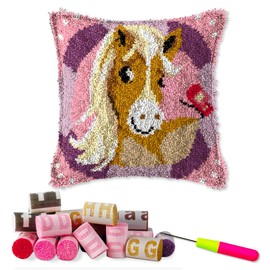 DL-YTG Latch Hook Kits Pillow Horse Crochet Yarn Cushion Colour Pre-Printed Canvas Rug Needlework DIY Pillowcase Hook and Latch Kit Arts Crafts Christmas Home Sofa Decoration 42x42cm/16X16inch