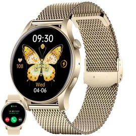 ZPIMY Smartwatch Damen Herren mit Telefonfunktion, 1,43” AMOLED 5ATM wasserdichte Fitnessuhr mit Taschenlampe Schrittzähler Herzfrequenz, SpO2, Sportuhr Aktivitätstracker für Android iOS (Gold Stahl)