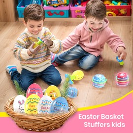 Easter Eggs Toys,4 Pack Easter Egg Spinning Tops with Flash & Music,Easter Gifts for Kids Easter Basket Essentials Stuffers,Easter Egg Hunt Party Favors Supplies Prize,Extra Gift of 4PCS Party Blowers