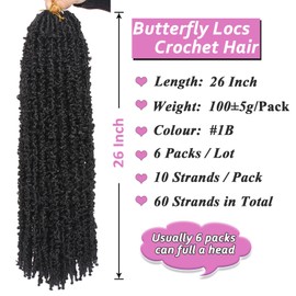 Samtress 24 Zoll Butterfly Faux Locs Crochet Hair 6 Packs Long Distressed Locs Crochet Braids Synthetic Natural Black Pre Looped Soft Locs Braids Hair Extensions for Women (#1B)