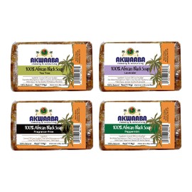 AKWAABA 4 Pack - African Black Soap Bars (Tea Tree, Lavender, Fragrance-free, Peppermint) Acne Collection - 100% African Black Soap Cleansing & Moisturizing 16oz (Pack of 4)