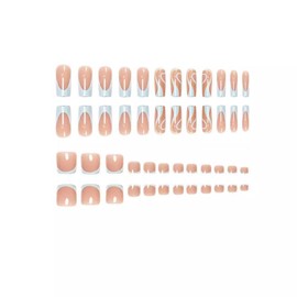 48Pcs Medium Square Press on Nails Blue French Tips Press on Toenails Swirl Fake Nails with Orange Blue Curve Line Design Glossy Skintones Fake Toenails Summer False Nails Kit for Women Girls Manicure