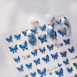 LIFOOST Butterfly Nail Stickers 5D Embossed Glitter Blue Butterflies Nail Design Cute Nail Decals for Nail Art Self Adhesive Nail Supplies for Women DIY Manicure