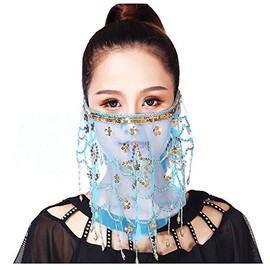 Lauthen.S - Velo facial con lentejuelas y abalorio tribales para danza del vientre, Azul, Talla única