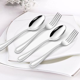 HaWare 24-Piece Forks and Spoons Silverware set, Stainless Steel Flatware with Pearled Edge for Home/Kitchen, Include 12 Dinner Forks(7.9in) and 12 Dinner Spoons(7.9in), Dishwasher Safe