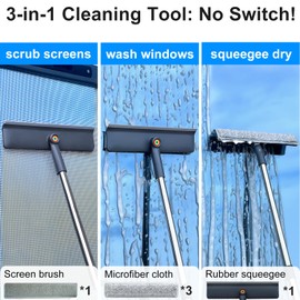 Purexa 60" Window Squeegee with Extension Pole - 3-in-1 Window Cleaning Kit - Multi-Surface Washing Tool for Glass/Mirrors/Screens - with 3 Microfiber Cloths + Screen Brush - Indoor/Outdoor