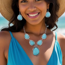 Ever Faith Blue Turquoise Jewelry Set, Vintage Style Boho Costume Statement Collar Necklace Dangle Earrings Set for Women