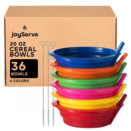 JoyServe Cereal Bowls with Straws for Kids (Set of 36-20-Ounce Bowls) BPA-Free Plastic Reusable Bowls with Built-In Straws for Children - Dishwasher and Microwave Safe, Includes 3 Cleaning Brushes