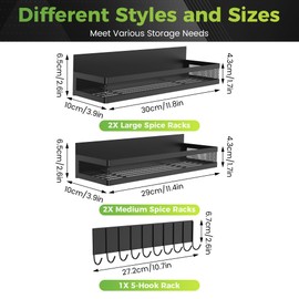 5 Pack Strong Magnetic Spice Rack for Refrigerator on Oven, Movable Kitchen Organizers and Storage for Spices Shelf, Wall Mounted Spice Rack Metal Fridge Shelf for Kitchen in Black