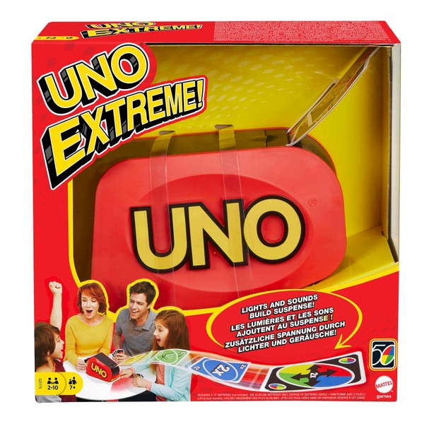 Mattel Games UNO Extreme, Family Card Game for Kids and Adults for Party Game Night, Card Launcher Twist on UNO Card Game, 2 to 10 Players, Ages 7 and Up, GXY75