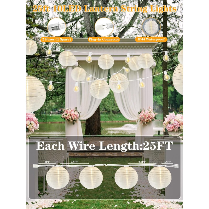 Pallerina 25Ft White Lantern String Lights with 10pcs G40 LED