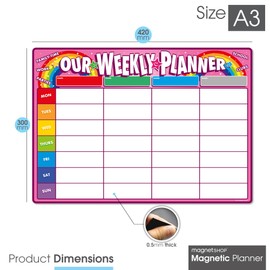 The Magnet Shop Weekly Family Planner A3 / A4 - Magnetic Dry Wipe Whiteboard for Organising Your Chores, Meals, Home, School. Use as a Fridge Magnet with 4 Multi-Coloured Pens and Eraser (Pink, A3)