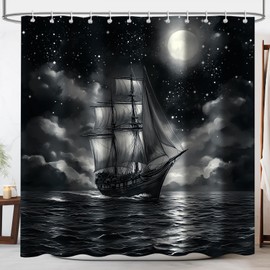 Emwnodti Nautical Sailboat Shower Curtain, Coastal Ocean Theme Black Starry Sky Moon Bathroom Accessory Set, Polyester Fabric Waterproof Bath Curtain 72x72 Inch with 12 Hooks