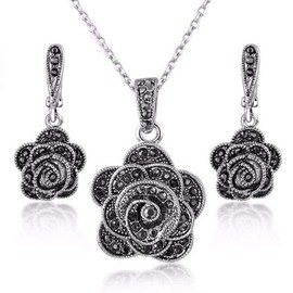 Shefashion Rhodium Plated Vintage Silver Rose Flower Jewelry Sets Black Marcasites Studs Earrings Pendent Necklace for Women Girls