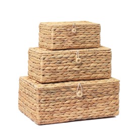 LUSYDECO Set of 3 Wicker Storage Baskets with Lid, Large Rectangular Rattan Basket Decorative Boxes, Natural Water Hyacinth Wicker Basket for Shelf Organizer, Nursery Room